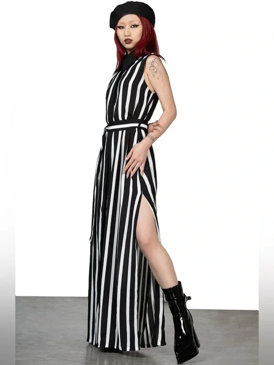 Killstar Black and White Vertical Stripe Maxi Dress - Picture 1 of 12